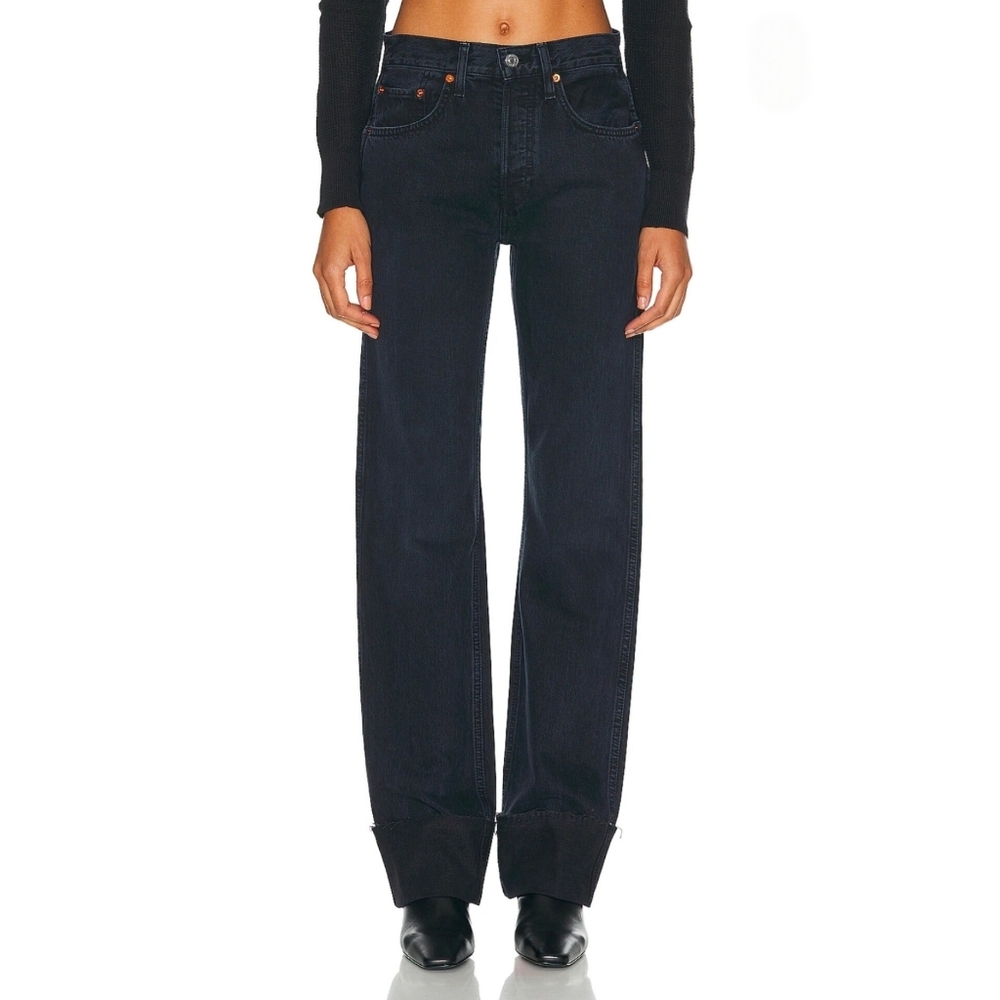 RE/DONE High Rise Loose Long Straight Leg Cuffed Jeans 27 Blackened Blue Denim